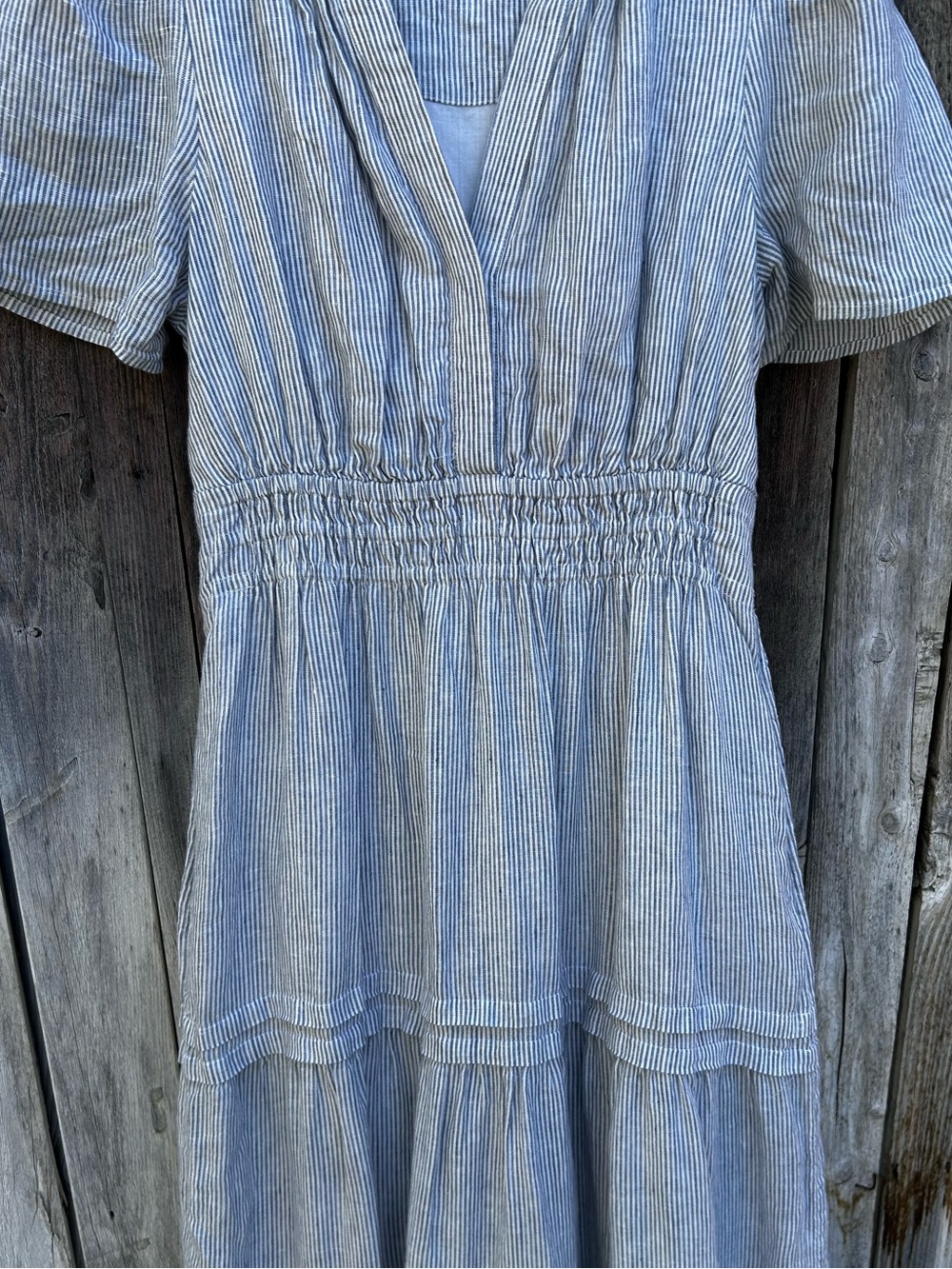 Quince Linen Tiered Maxi Dress Blue Pinstripe S - Picture 8 of 16